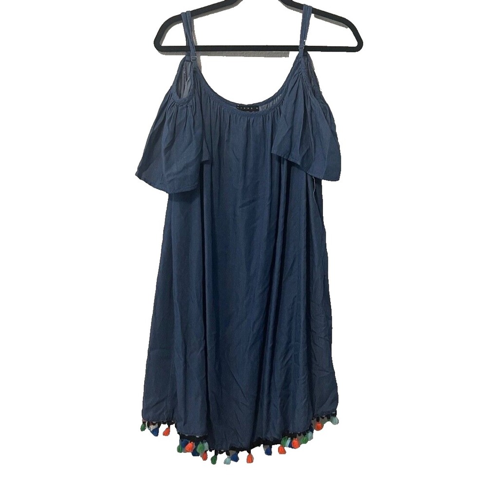 Tiana B Top Women's 22W Blue Adjustable Straps Off Shoulder Tassel Hemline